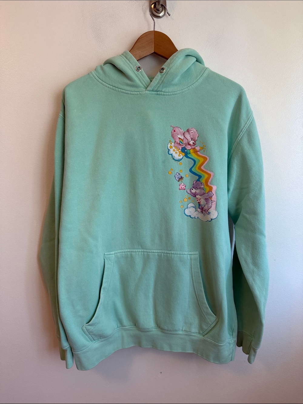 Preowned Men’s Size Large Light green Care Bears Pullover hoodie